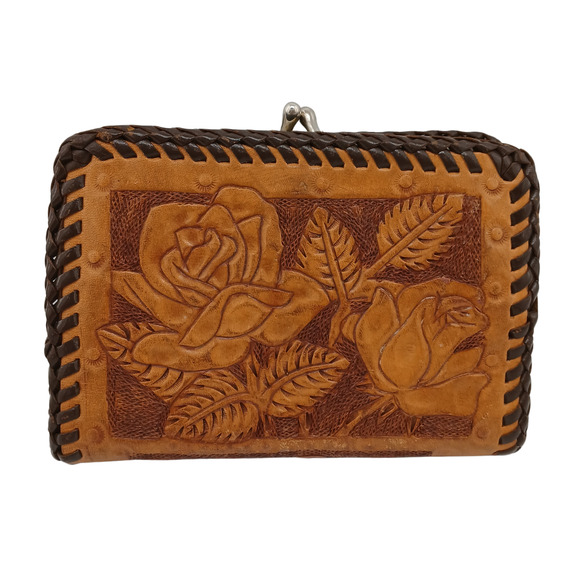 VTG Ladies Hand Tooled Leather Clutch Wallet Coin Purse Rose Design 5"x3.75"x1" - Picture 2 of 10